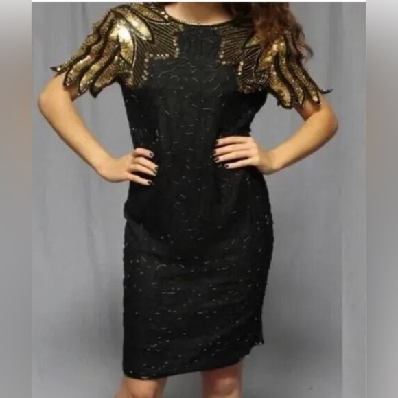 J.M.C Silk Vintage Stunning Black & Gold Beaded Sequin Sexy Evening Gown Size XL - Picture 2 of 11